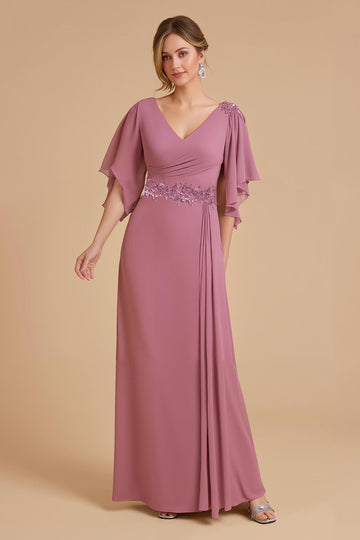 Dusty Rose A Line Flutter Sleeve Szyfonowa sukienka dla gości weselnych z aplikacjami